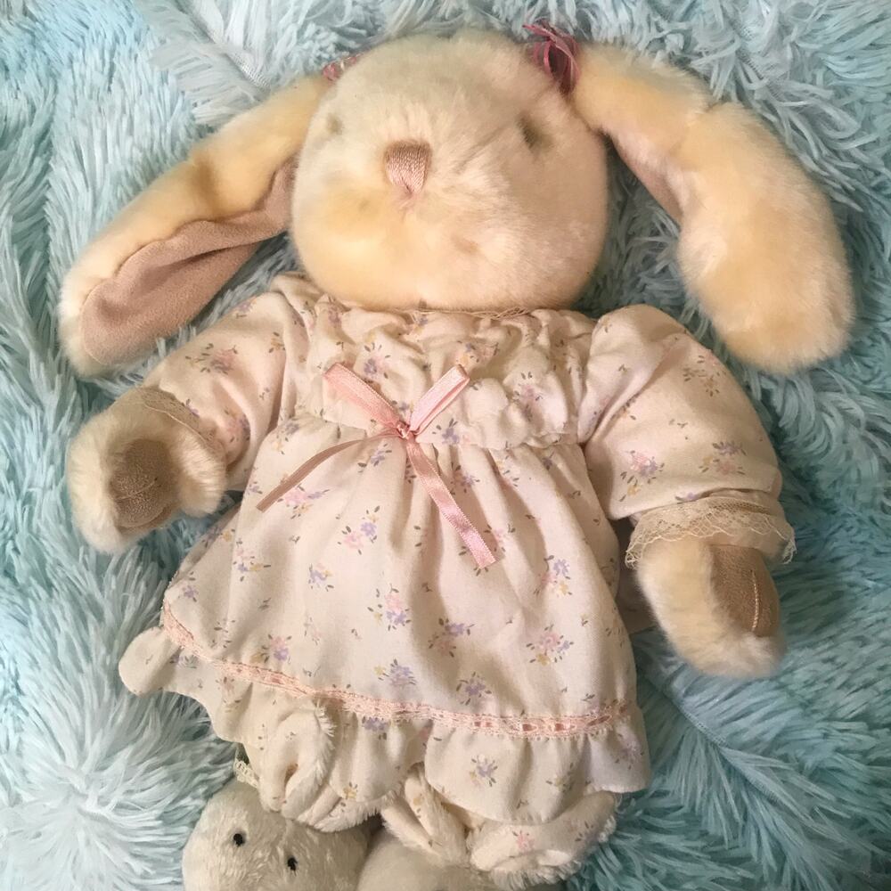Dan Dee Rabbit Stiff Plush Stuffed Floral Bunny w Bunny Slippers 14in